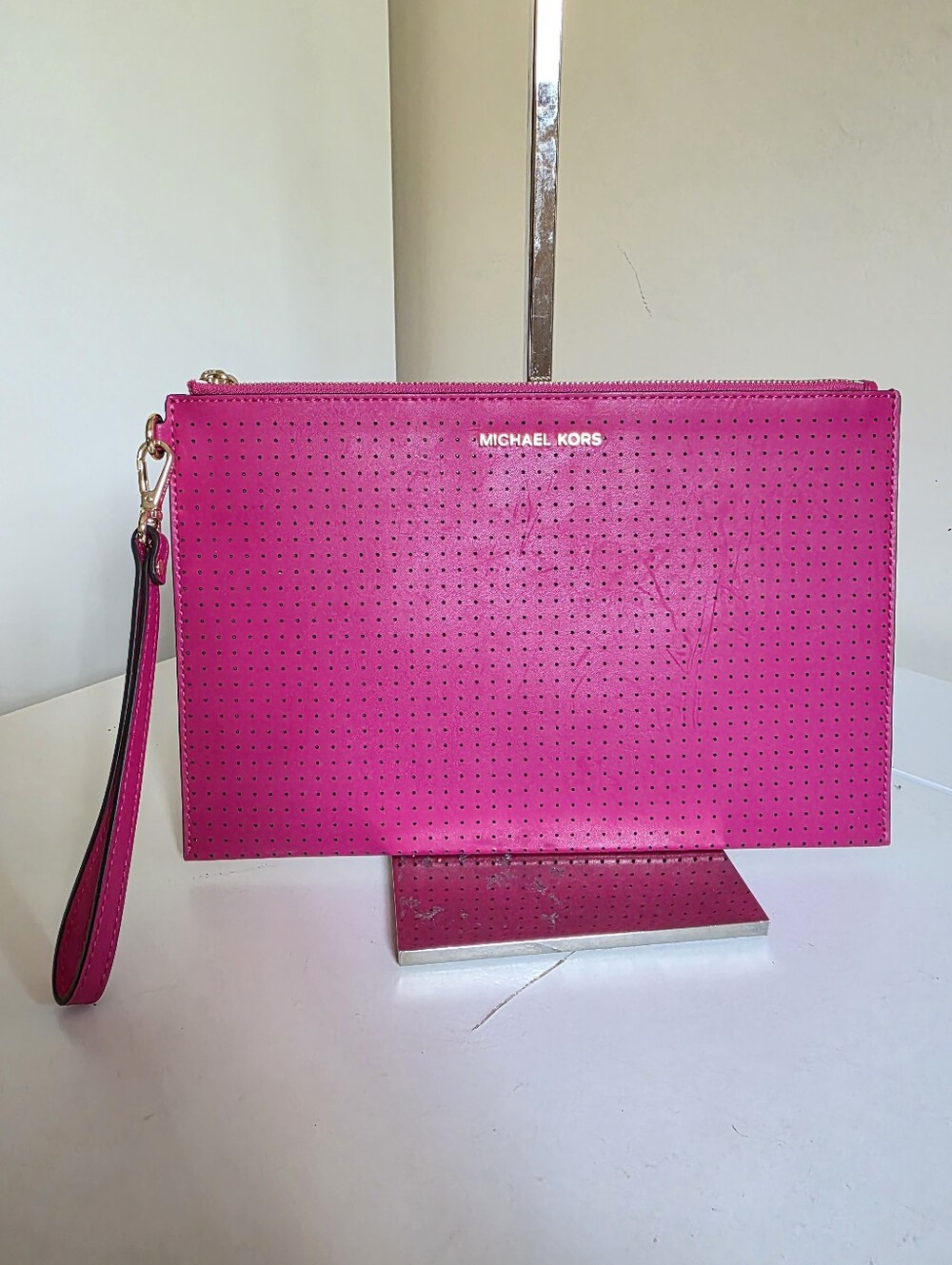 Michael Kors Hot Pink Perforated Leather Jet Set Wristlet Pouch